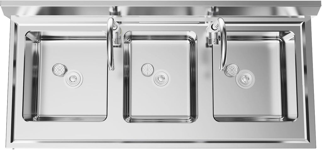 Free Standing Three Bowl Kitchen Sink Set, 3 Compartment Commercial Kitchen Sink Stainless Steel Restaurant/Garage Prep & Utility Sink 39' W x 17.7' D x 37.4' H