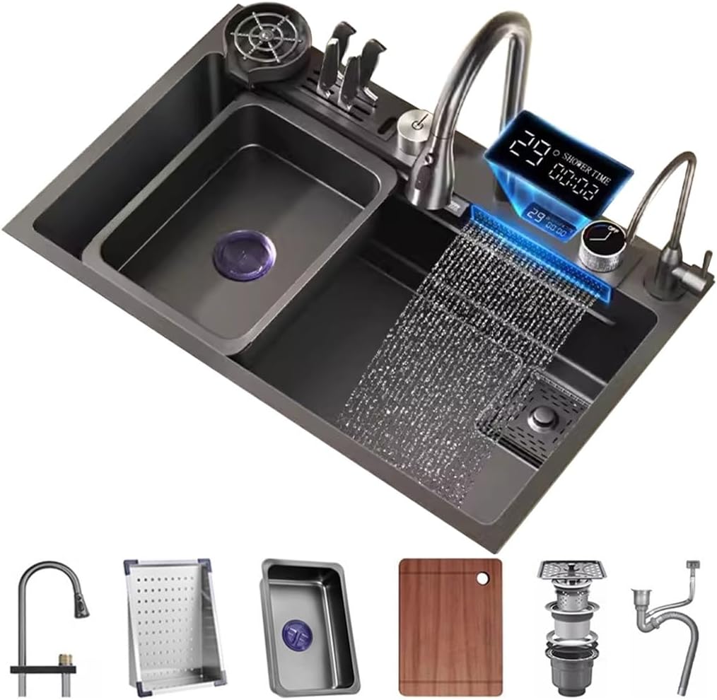 Stainless Steel Waterfall Sink Single-Bowl Kitchen Sink Nano-Coated Workstation Sink with Pull-Out Faucet and Cup Washer Easy-to-Clean (Color : Black, Size : 80x45x21cm) (Black 75x45x21cm)