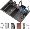 Stainless Steel Waterfall Sink Single-Bowl Kitchen Sink Nano-Coated Workstation Sink with Pull-Out Faucet and Cup Washer Easy-to-Clean (Black-75x45x21cm
