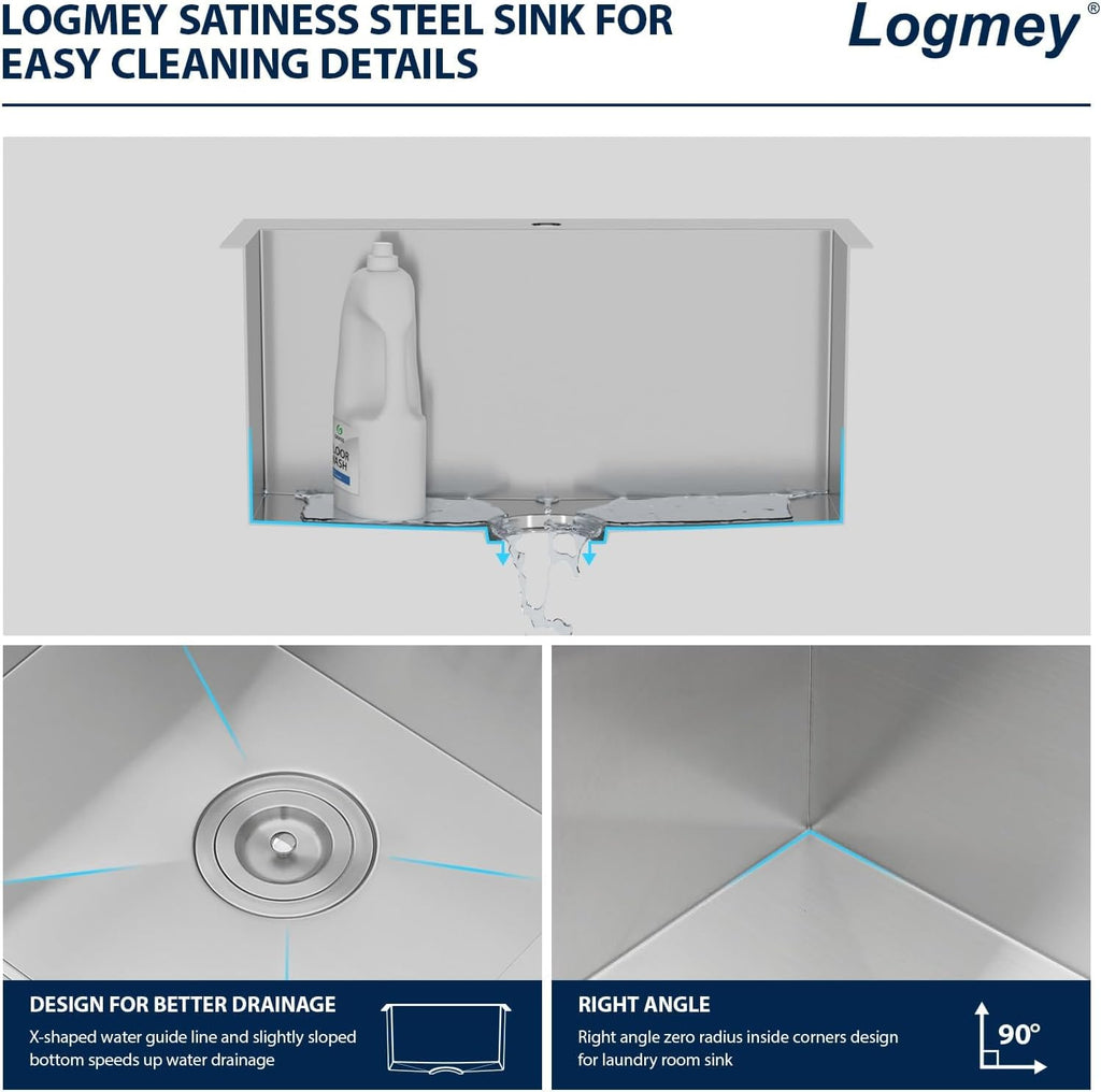 Logmey 25x22 Drop in Laundry Sink 25 Inch Laundry Room 12' Deep Sinks Handmade 16 Gauge Heavy Duty Stainless Steel Large Capacity Utility Washing Tub for Home & Commercial Use