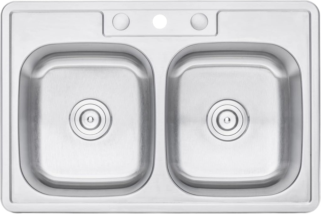 CozyBlock 33 x 22 x 9 Inch 50/50 Top-mount/Drop-in Stainless Steel Double Bowl Kitchen Sink with Strainer and Protective Bottom Grid - 18 Gauge Stainless Steel-3 Faucet Hole