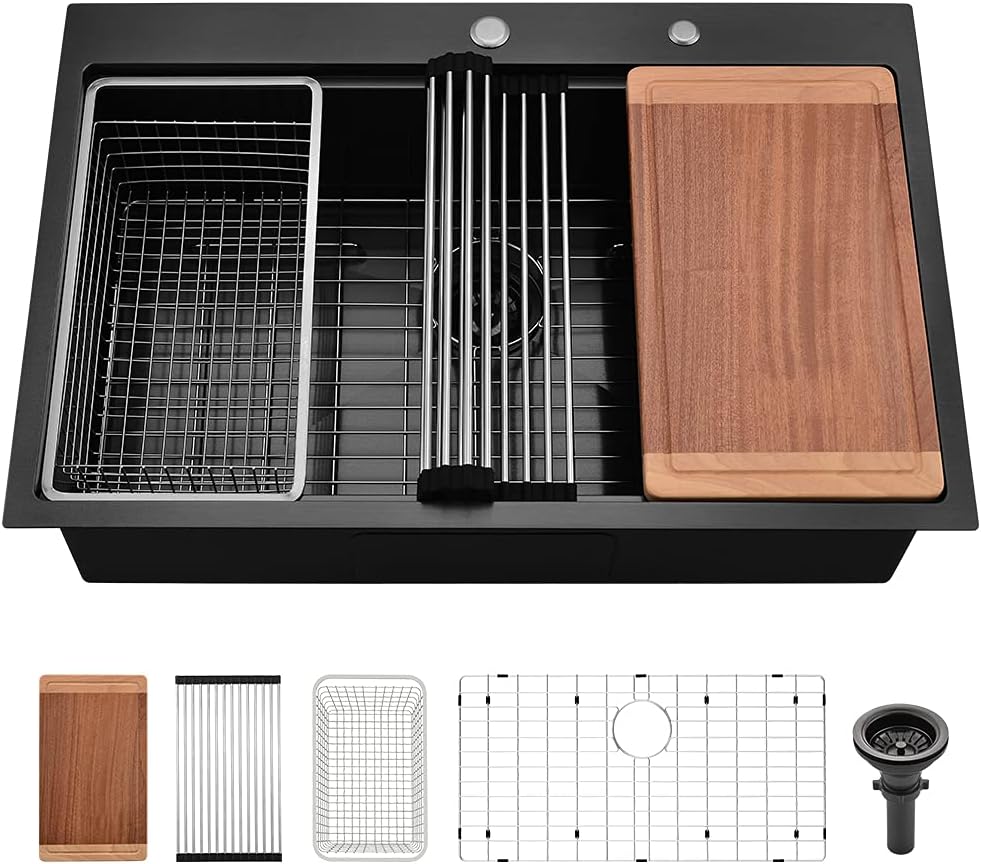 28 Inch Black Kitchen Sink Drop In Workstation-VASOYO 28x20 Inch Drop In Kitchen Sink 16 Gauge Gunmetal Black Stainless Steel Deep Single Bowl Topmount Sinks with Cutting Board
