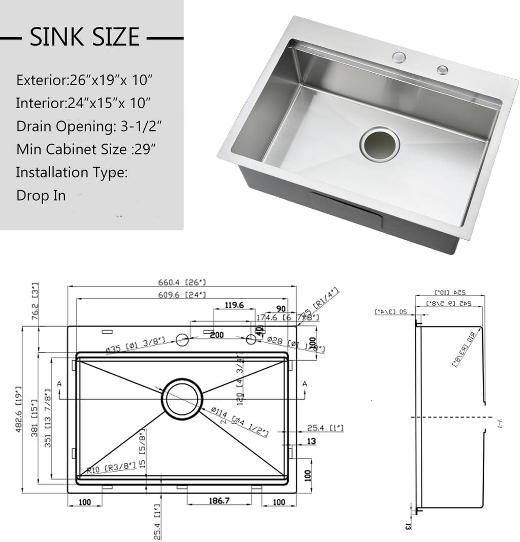 26 inch Drop in Kitchen Sink - VOKIM 26'x 19' Inch Drop in sink Workstation 16 Gauge Single Bowl Kitchen Sink With Cutting Board& colander