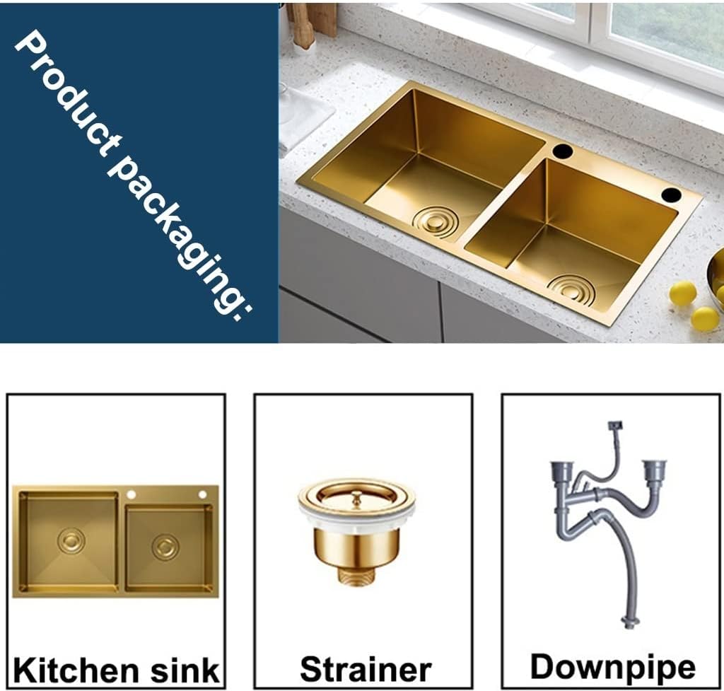 Gold Double Bowl Kitchen Sink 29.5×15.7inch Stainless Steel Bar Laundry Trough with Sink Accessories Top Mount & Undermount (Color : Gold, Size : 75x40x22cm) (Gold 75x40x22cm)