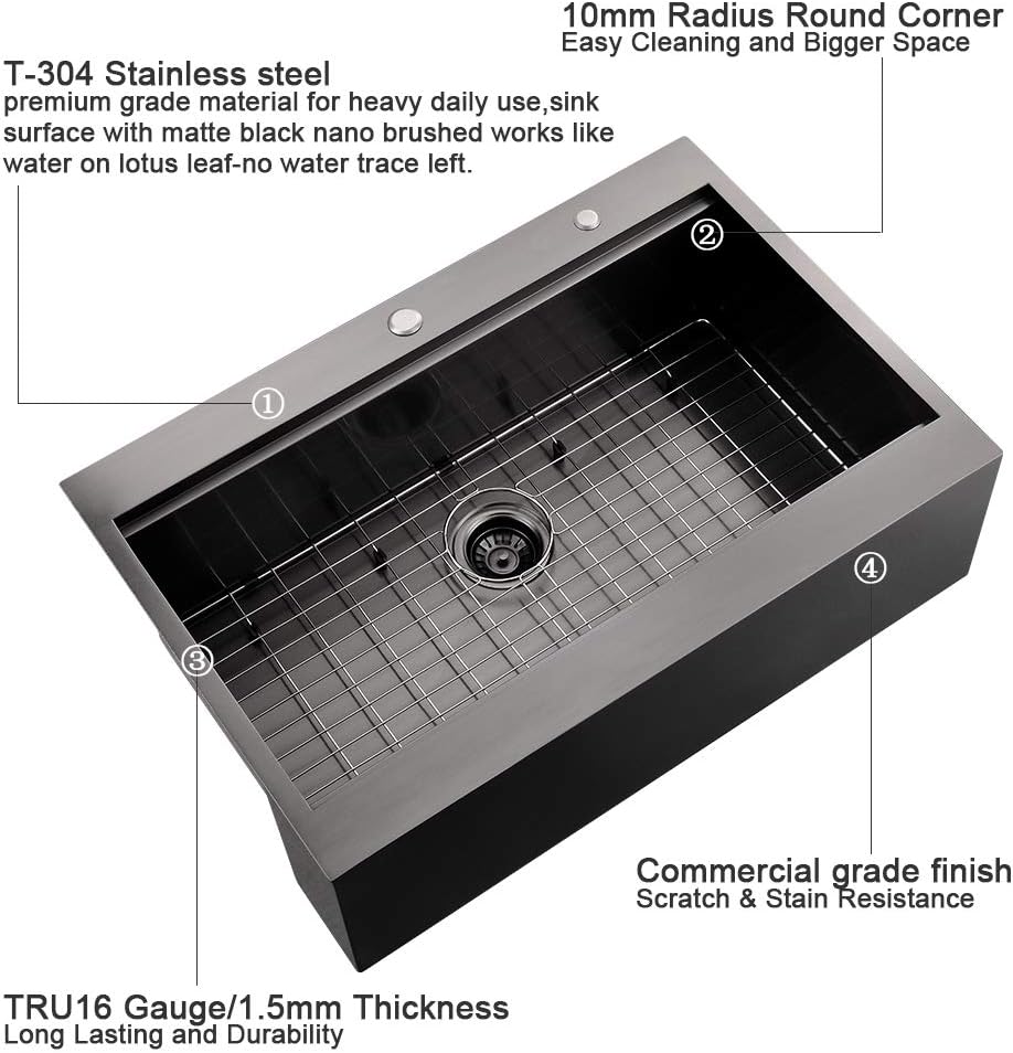 30 Inch Black Farmhouse Kitchen Sink Drop In - 30 inch Apron Front Farmhouse Sink Workstation Kitchen Sink Single Bowl 16 Gauge Stainless Steel Farm Sink