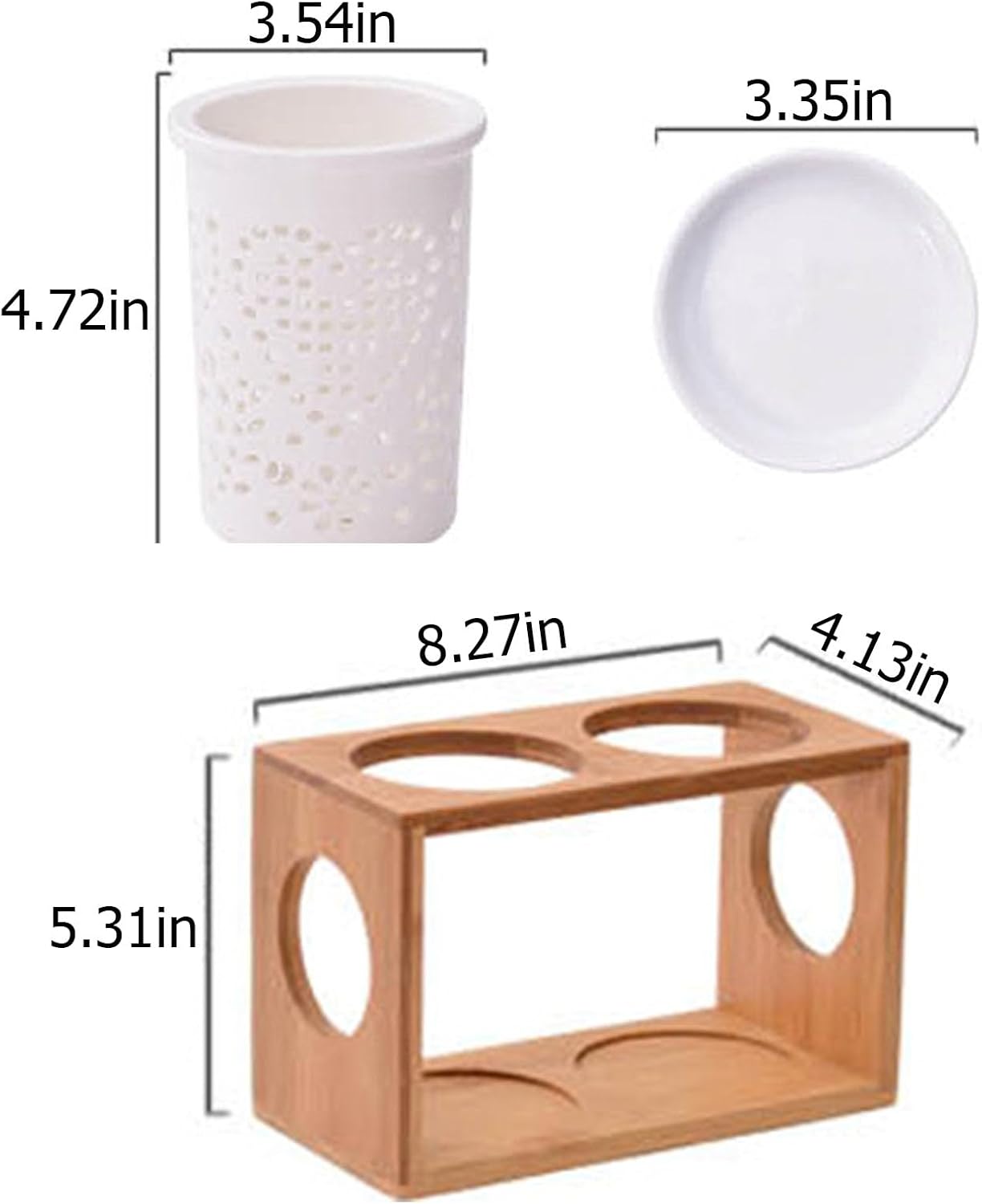 Cup Storage Holder,Bamboo Utensil Holder Set - 3 Ceramic Caddies with Drain Tray for Kitchen Counter, Ideal for Spoon, Fork & Knife Organization，B 8.27in