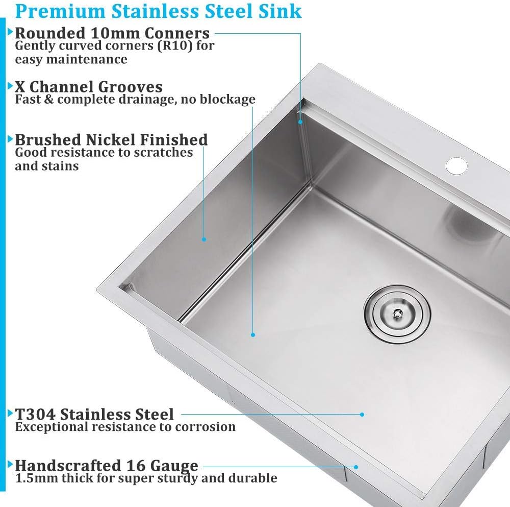 25 Inch Drop in Kitchen Sink Workstation, 25x22 Drop in Kitchen Sink Stainless Steel Single Bowl 16 Gauge Topmount Handmade Basin