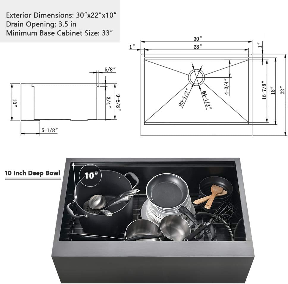 30 Inch Black Farmhouse Sink Workstation-VASOYO 30x22 Black Stainless Steel Kitchen Sink Undermount Farmhouse Sinks 16 Gauge Deep Single Bowl Apron Front Farm Sinks with Cutting Board