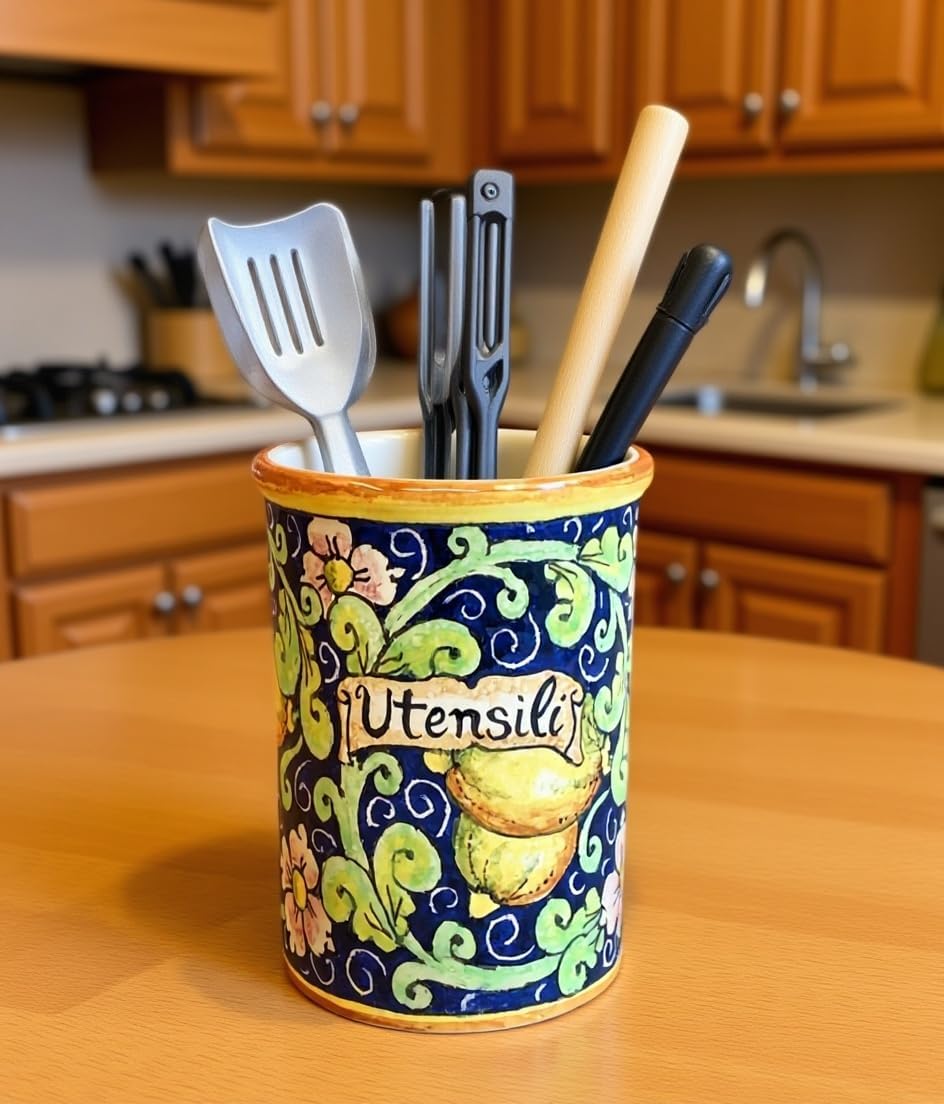 CERAMICHE D'ARTE PARRINI- Italian Ceramic Utensil Holder Vessel Hand Painted Decorated Lemons Made in ITALY Art Pottery