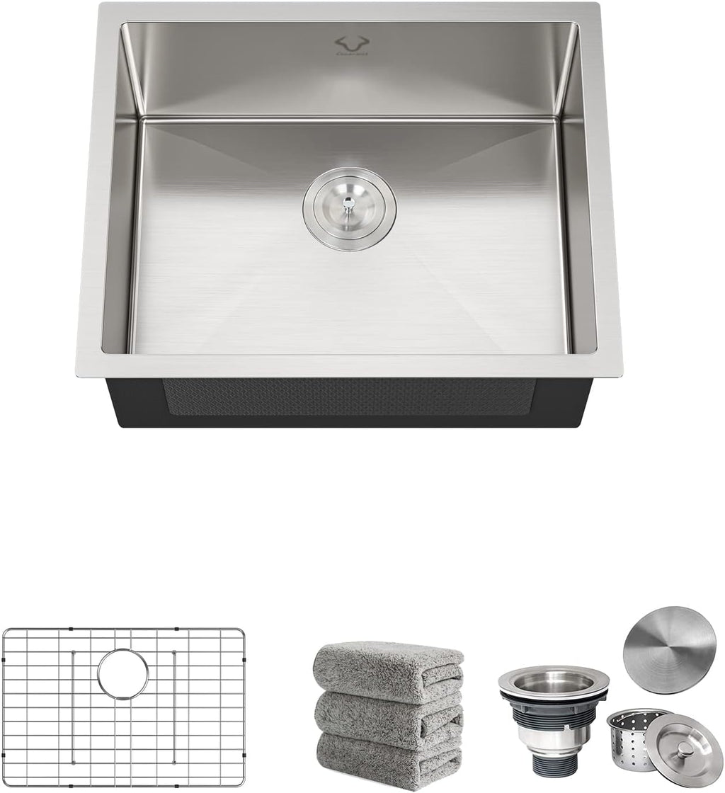 Kitchen Sinks 23x18 Inch Undermount Kitchen Sink Stainless Steel Sink 16 Gauge Single Bowl Sinks Set (5 Item Bundle: Sink, Bottom Grid, Drain Assembly, Drain Cap, Towel)