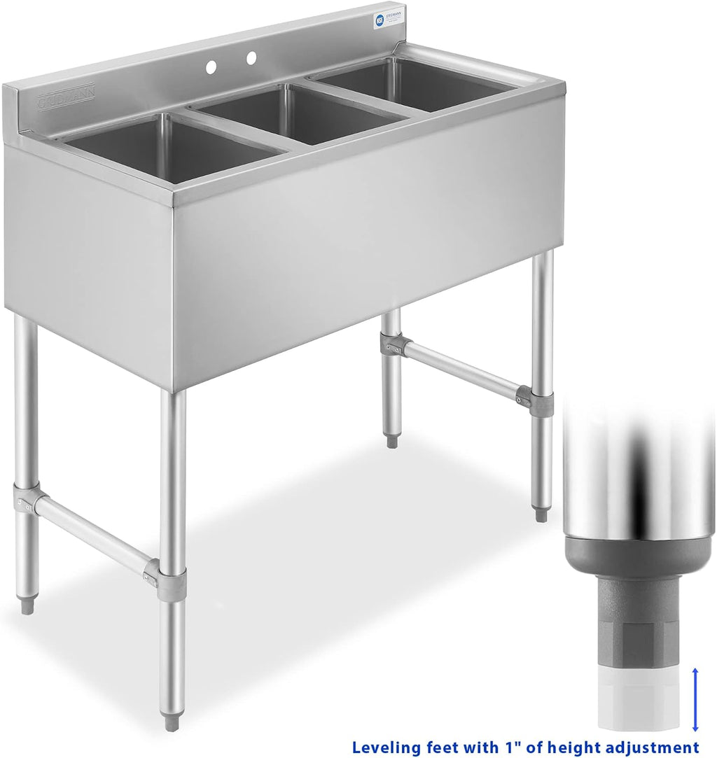 GRIDMANN 3 Compartment Stainless Steel Bar Sink, NSF Commercial Kitchen Underbar Sink with 10' L x 14' W x 10' D Bowls for Restaurant, Laundry, Garage