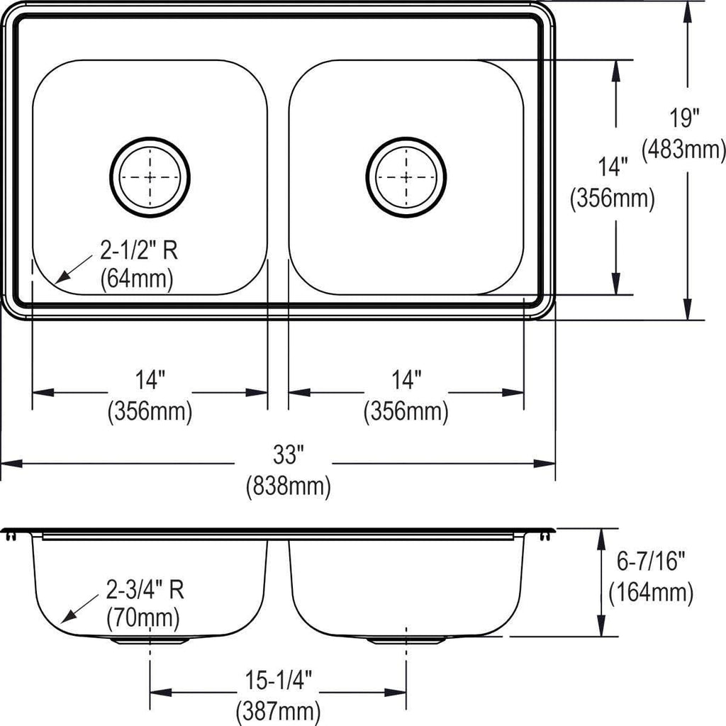 Elkay D233194 Dayton Equal Double Bowl Drop-in Stainless Steel Sink 33 x 19 x 6.5