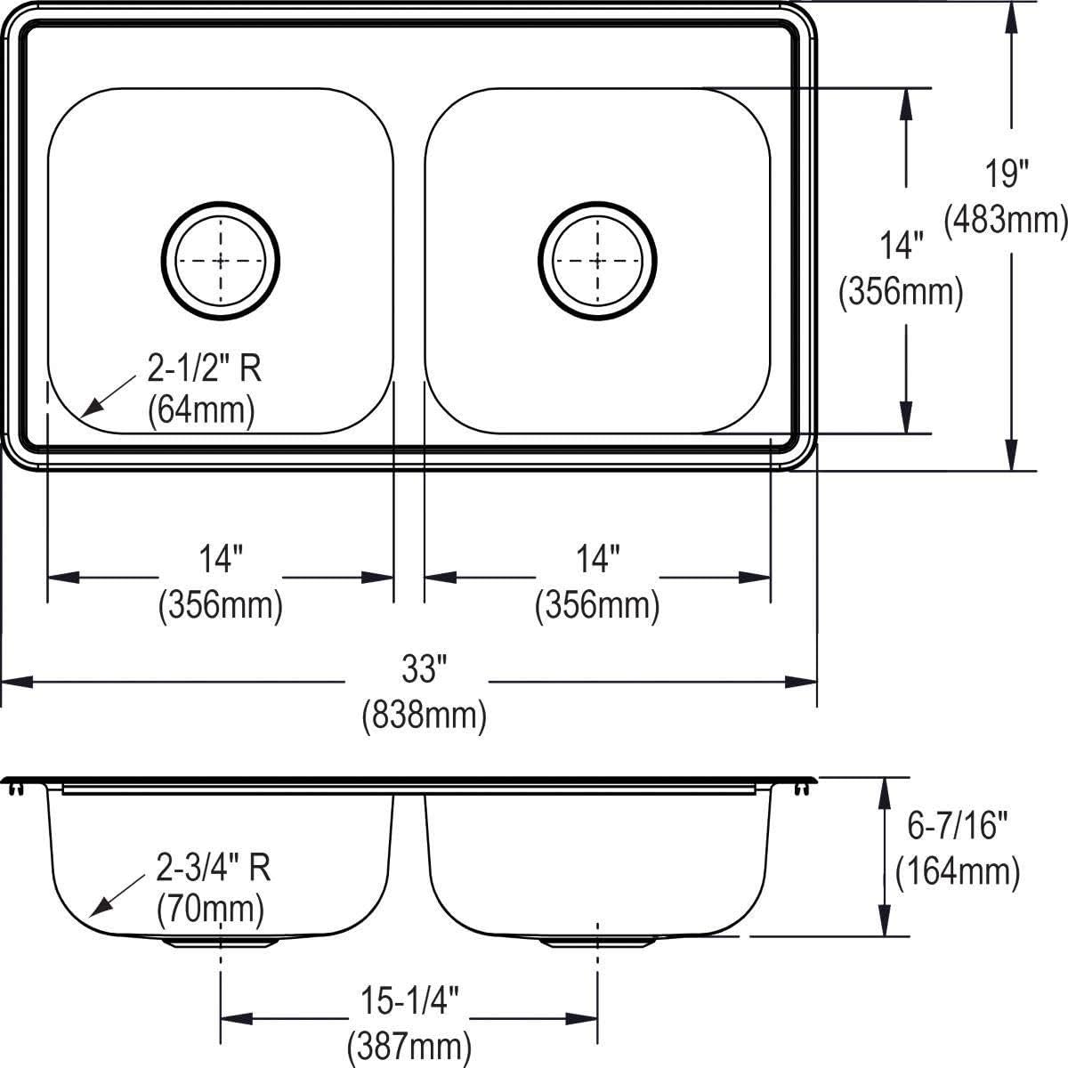 Elkay D233194 Dayton Equal Double Bowl Drop-in Stainless Steel Sink 33 x 19 x 6.5