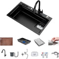Modular Kitchen Sink Corner Drain, Workstation Sink Undermount, Stainless Steel Sink for Kitchen Offset Drain, Full Set Accessories Single Bowl Kitchen Sinks with Knife Box