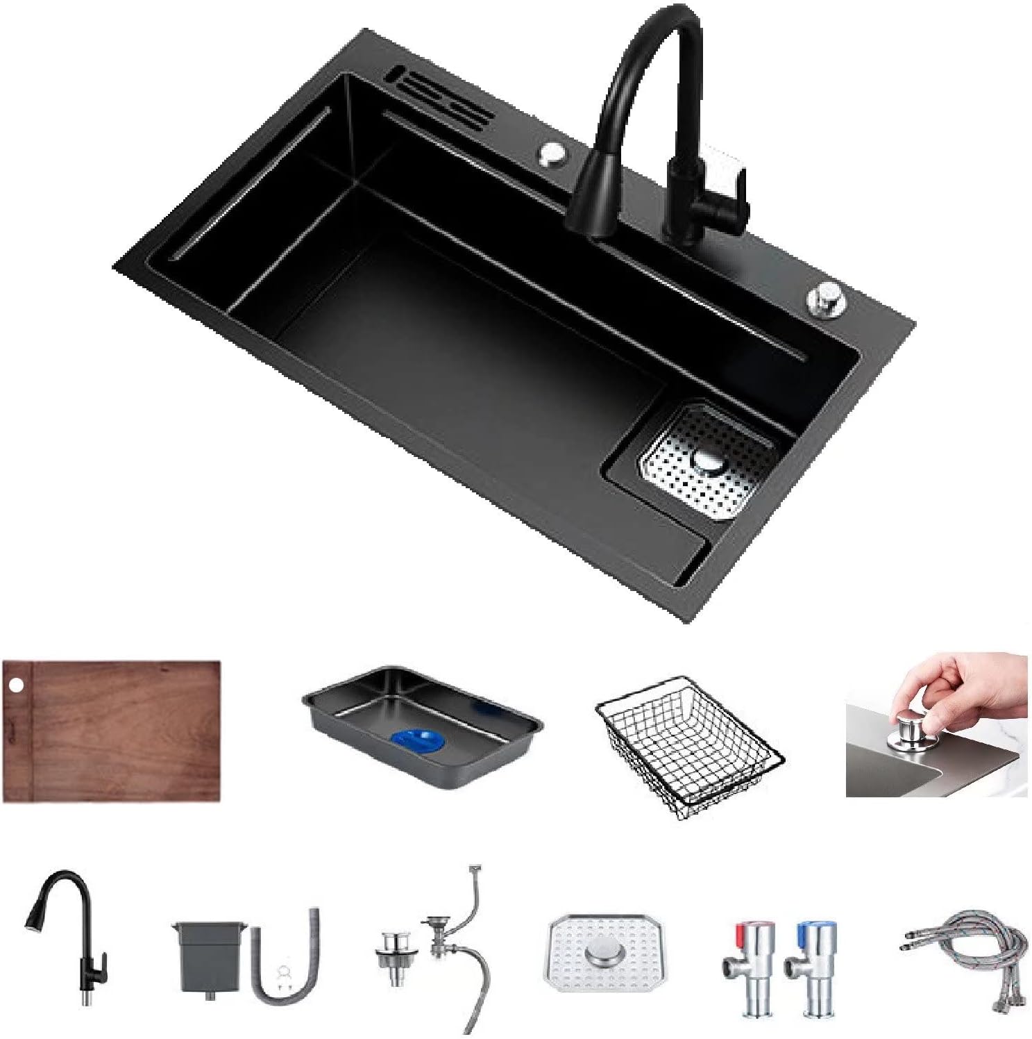 Modular Kitchen Sink Corner Drain, Workstation Sink Undermount, Stainless Steel Sink for Kitchen Offset Drain, Full Set Accessories Single Bowl Kitchen Sinks with Knife Box