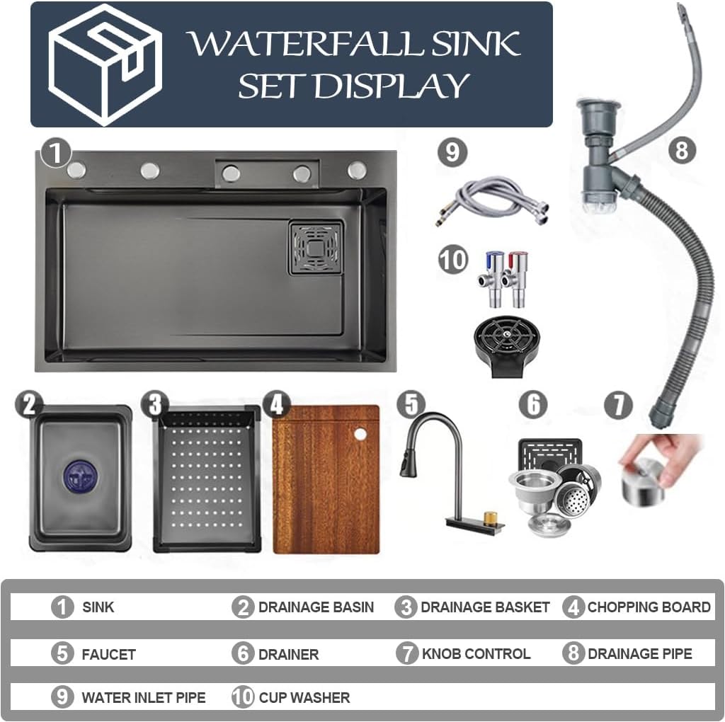 Stainless Steel Waterfall Sink with 3-in-1 Faucet Multifunctional Single Bowl Kitchen Sink with Drain Basket, Drain Basin, Cutting Board, Cup Washer, Draina(Black Grey-68x45x22cm