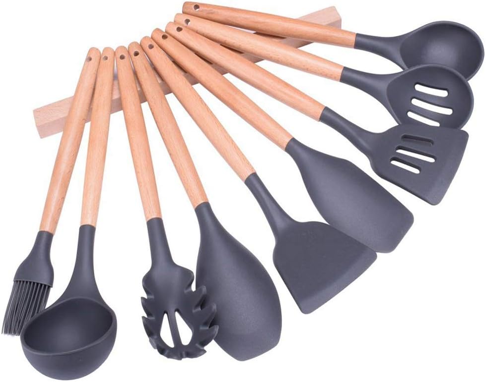 Wood Handle Silicone Nonstick Kitchen Utensil Set for Cooking Gadgets Cooking Utensils Set with Wood Handles Cookware ladle，