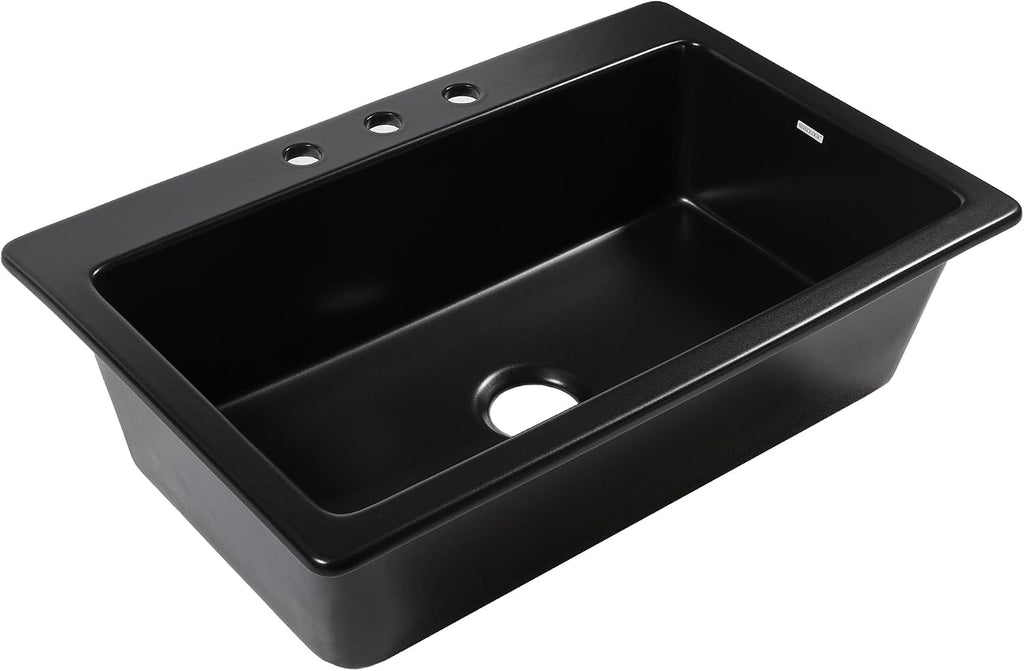 Sinkology Jackson 33 Inch Drop-In Fireclay Kitchen Sink Matte Black Single Bowl – Deep Basin, 3 Pre-Drilled Faucet Holes, Fits 36 Inch Cabinet