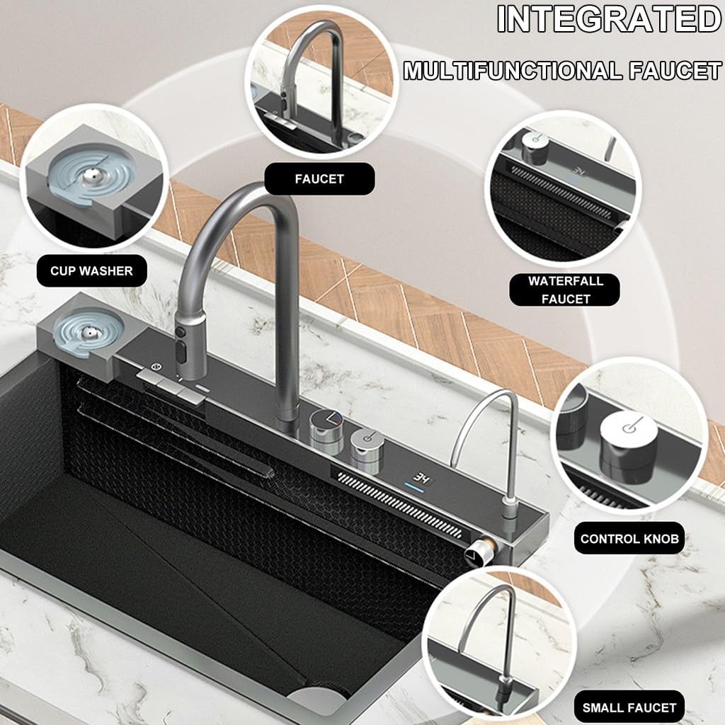 304 Stainless Steel Kitchen Sink Versatile Single-Bowl Kitchen Workstation Sink Waterfall Pull-Down Faucet and Complete Accessory Set (Black 75x46x21cm)