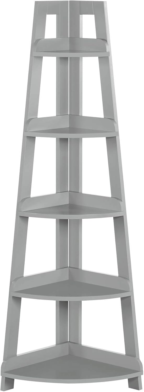 RiverRidge Amery 5-Tier Corner Ladder Shelf - Narrow Corner Shelf Maximizes Storage & Display in Small Spaces - Gray Open Shelving Design for Bathroom, Living Room, Office