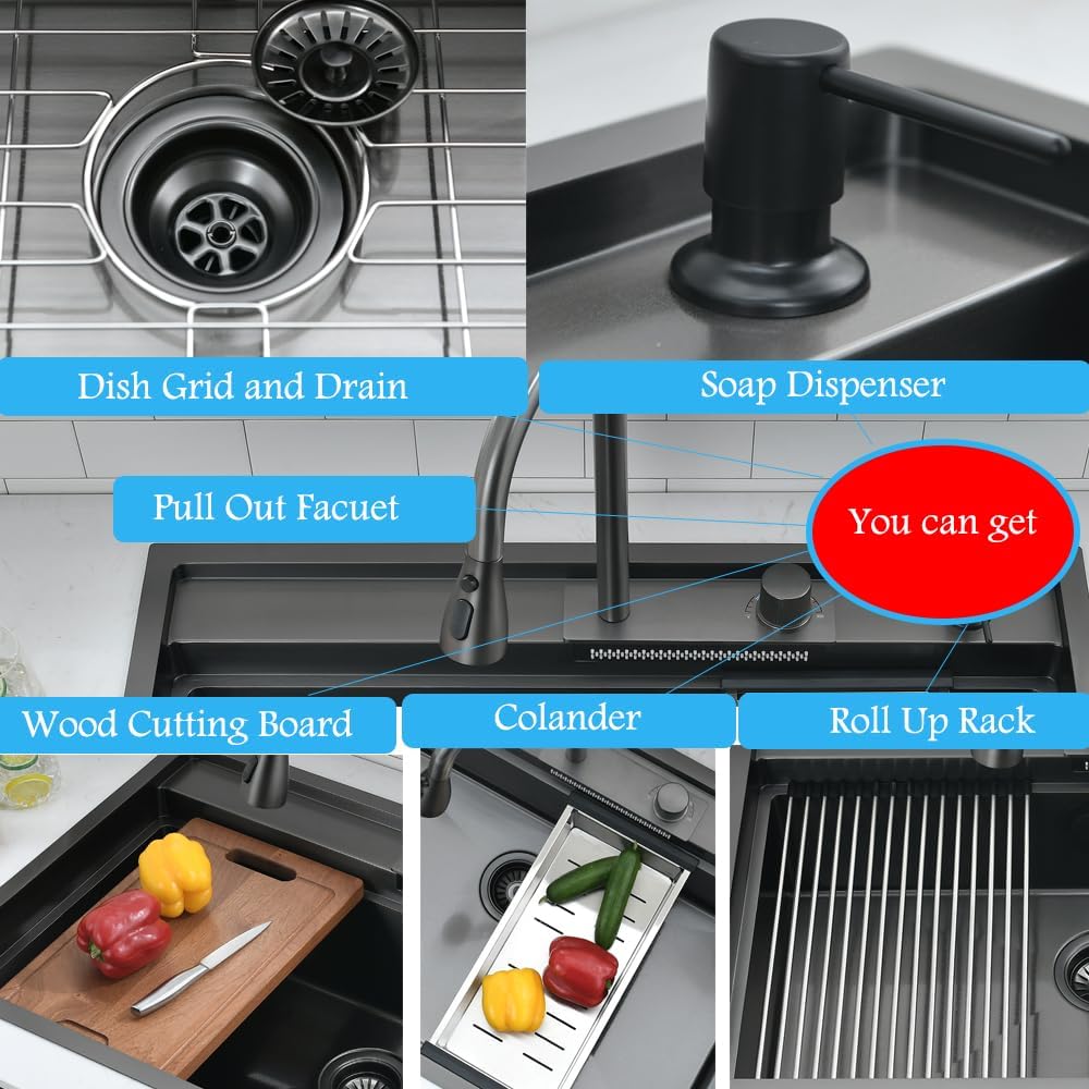 33 Inch Black Drop In Waterfall Kitchen Sink Workstation -Bokaiya 33x19 Black Stainless Steel Sink with Faucet Combo 16 Gauge 10' Deep Top Mount Single Bowl Modern Kitchen Sink