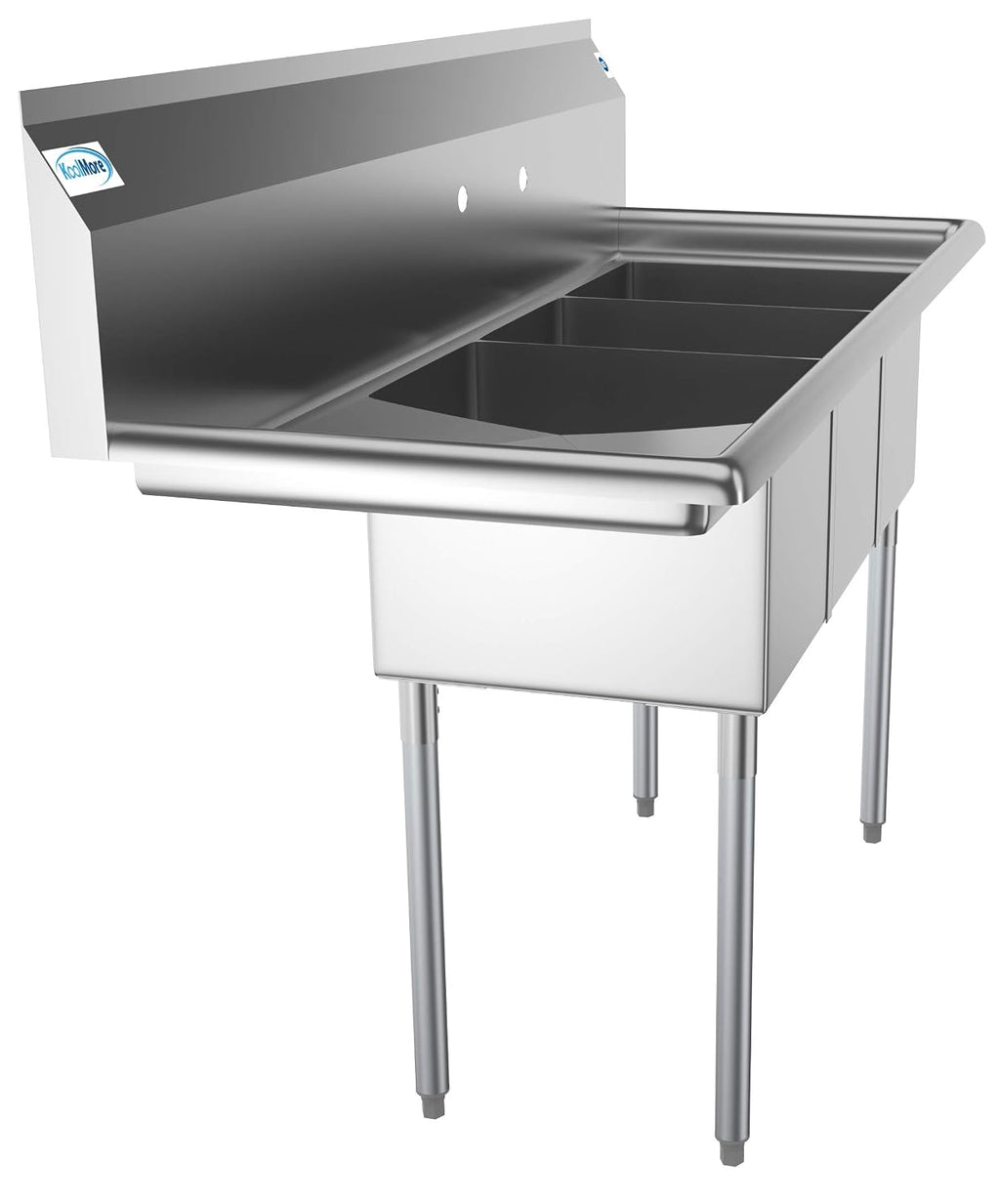 KoolMore 3 Compartment Stainless Steel NSF Commercial Kitchen Sink with Large Drainboard - Bowl Size 12' x 16' x 10', Silver