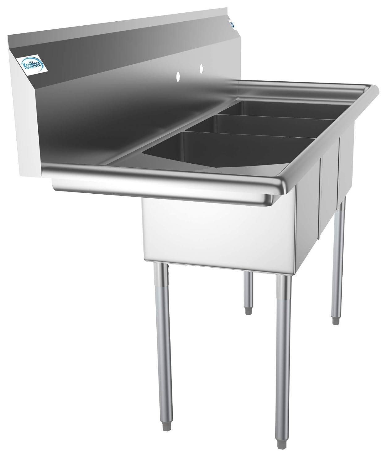 KoolMore 3 Compartment Stainless Steel NSF Commercial Kitchen Sink with Large Drainboard - Bowl Size 12' x 16' x 10', Silver
