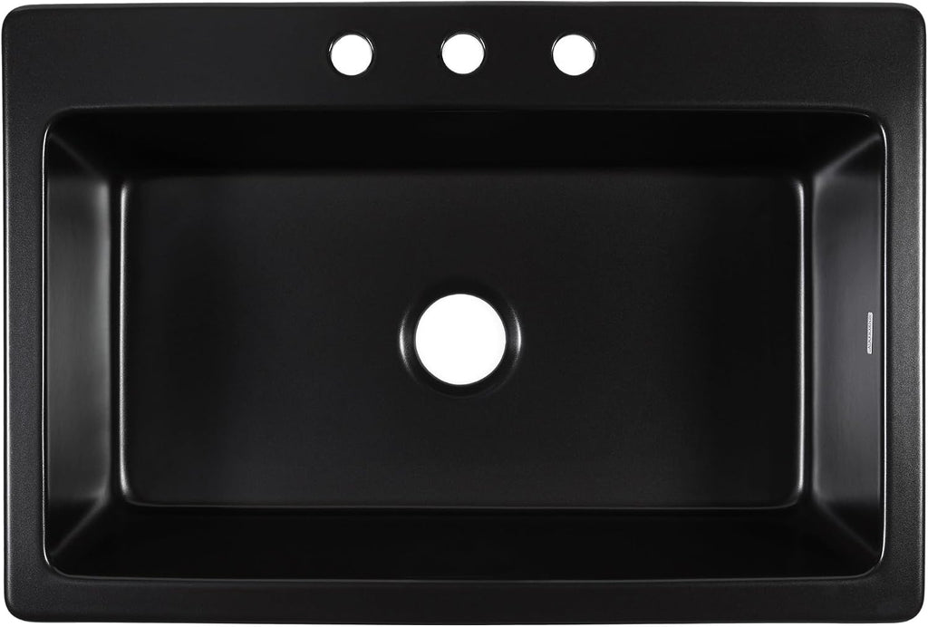 Sinkology Jackson 33 Inch Drop-In Fireclay Kitchen Sink Matte Black Single Bowl – Deep Basin, 3 Pre-Drilled Faucet Holes, Fits 36 Inch Cabinet