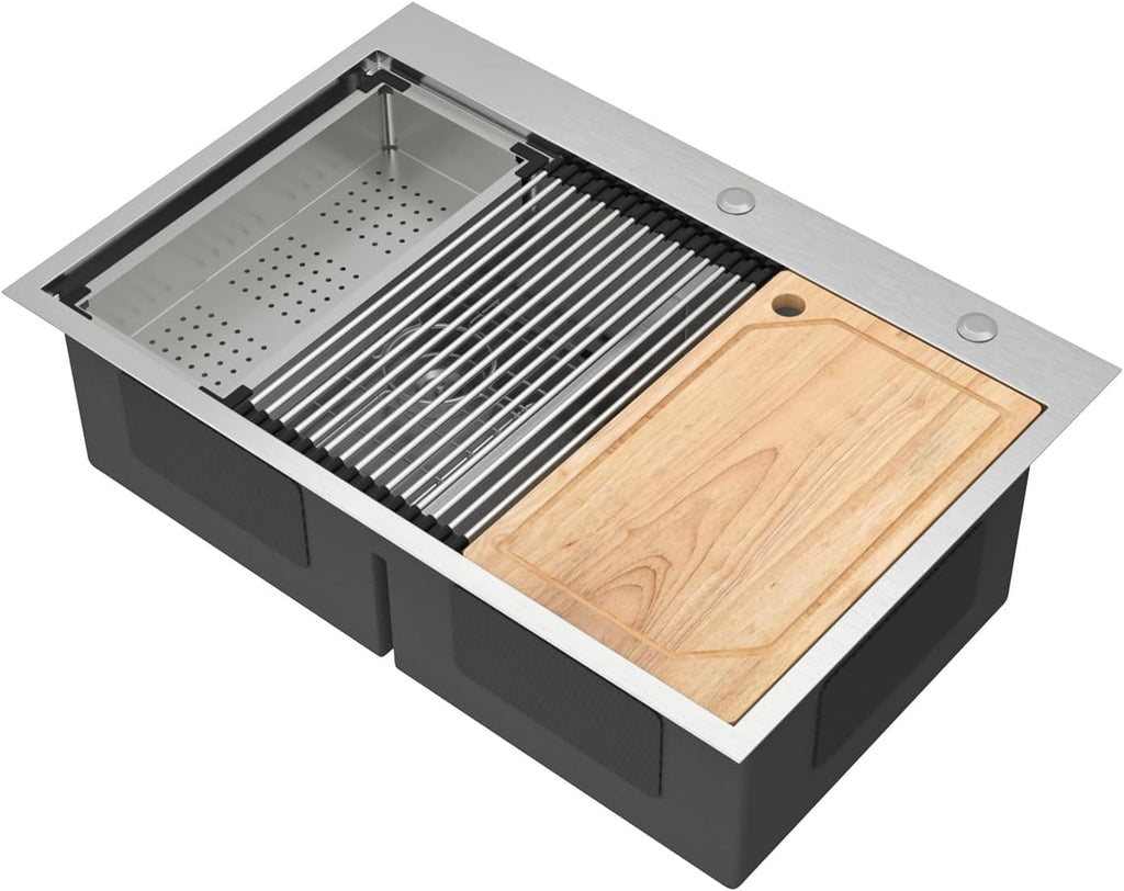 33x22 Double Bowl Drop In Kitchen Sink - Workstation All-In One 16 Gauge T-304 Stainless Steel Low Divide Topmount 2 Pre-drill Holes Sink with Accessories for Kitchen#TLDB-501