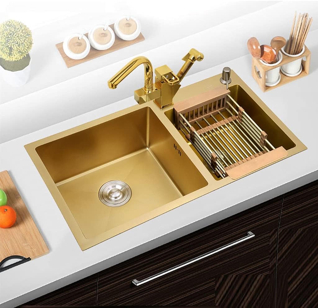 KITCHEN SINK Brushed Gold Double Bowls with Multi-functional Pull-Out Faucet and Drain Pipe Suitable for Kitchen Courtyard Office Bar Laundry Trough (Color : Gold, Size : 82×45×22cm) (Gold 82×45×2