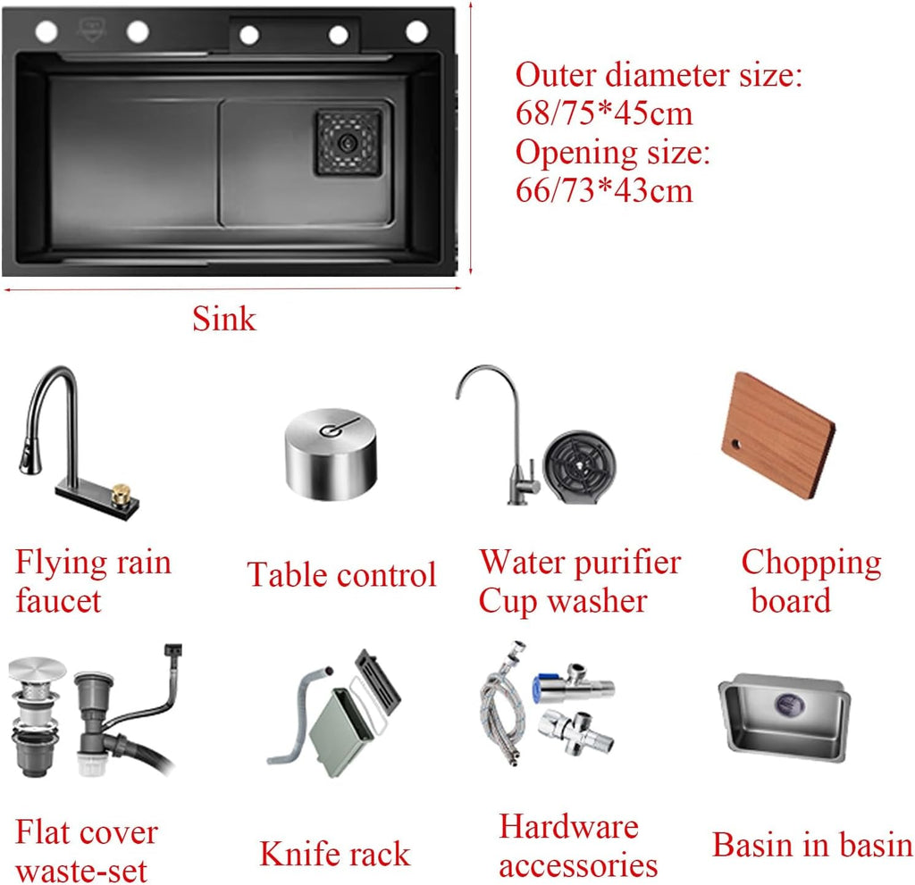 Waterfall Kitchen Sink Stainless Steel with Knife Rack, Black Faucet with Sprayer of 3 Modes, Single Bowl Kitchen Sink with Cup Washer Pull Down Sprayhead Faucet(Black,75 * 45cm)
