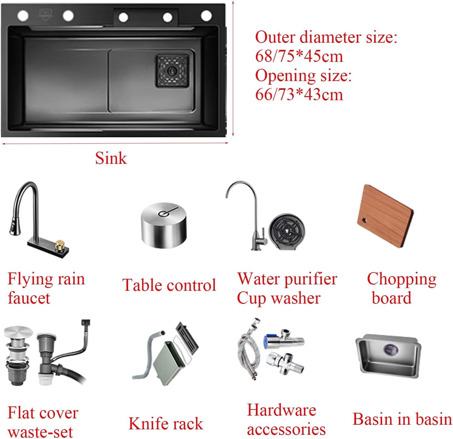 Waterfall Kitchen Sink Stainless Steel with Knife Rack, Black Faucet with Sprayer of 3 Modes, Single Bowl Kitchen Sink with Cup Washer Pull Down Sprayhead Faucet(Black,75 * 45cm)