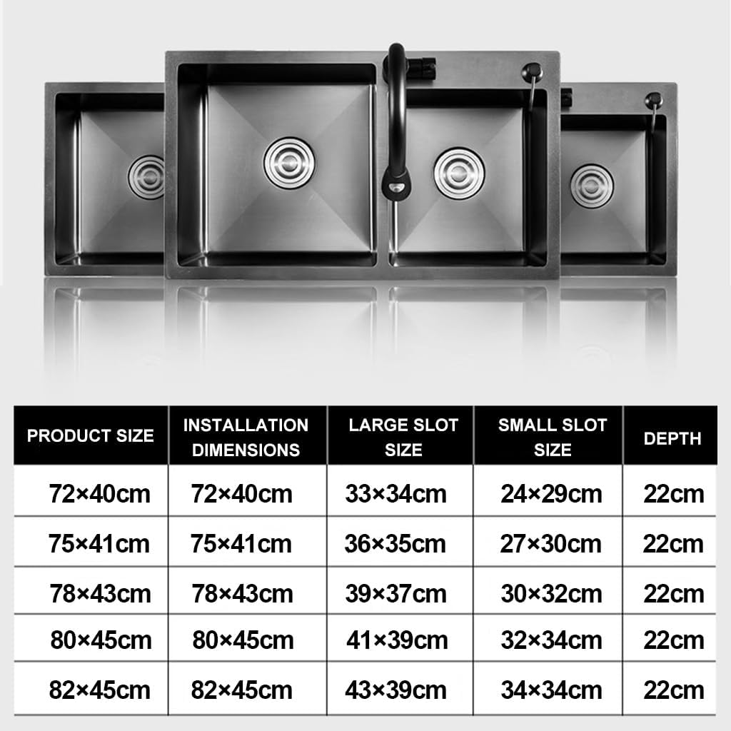OM Black Nano Double Bowl Kitchen Sink Multifunctional Stainless Steel Bar Sink with Pull-Out Faucet Drain Basket Soap Dispenser Drainage Component (Black-72x40x21cm