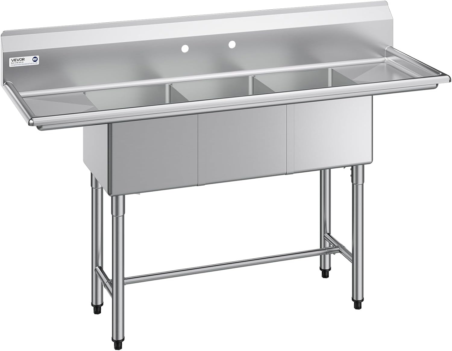 VEVOR 3 Compartment Sink, 18-Gauge 304 Stainless Steel, 14' x 16' x 11' Bowl Size, 3 Bay Commercial Kitchen Prep & Utility Sink with 2 Drainboards and Backsplash for Restaurant, Food Truck & Home Use