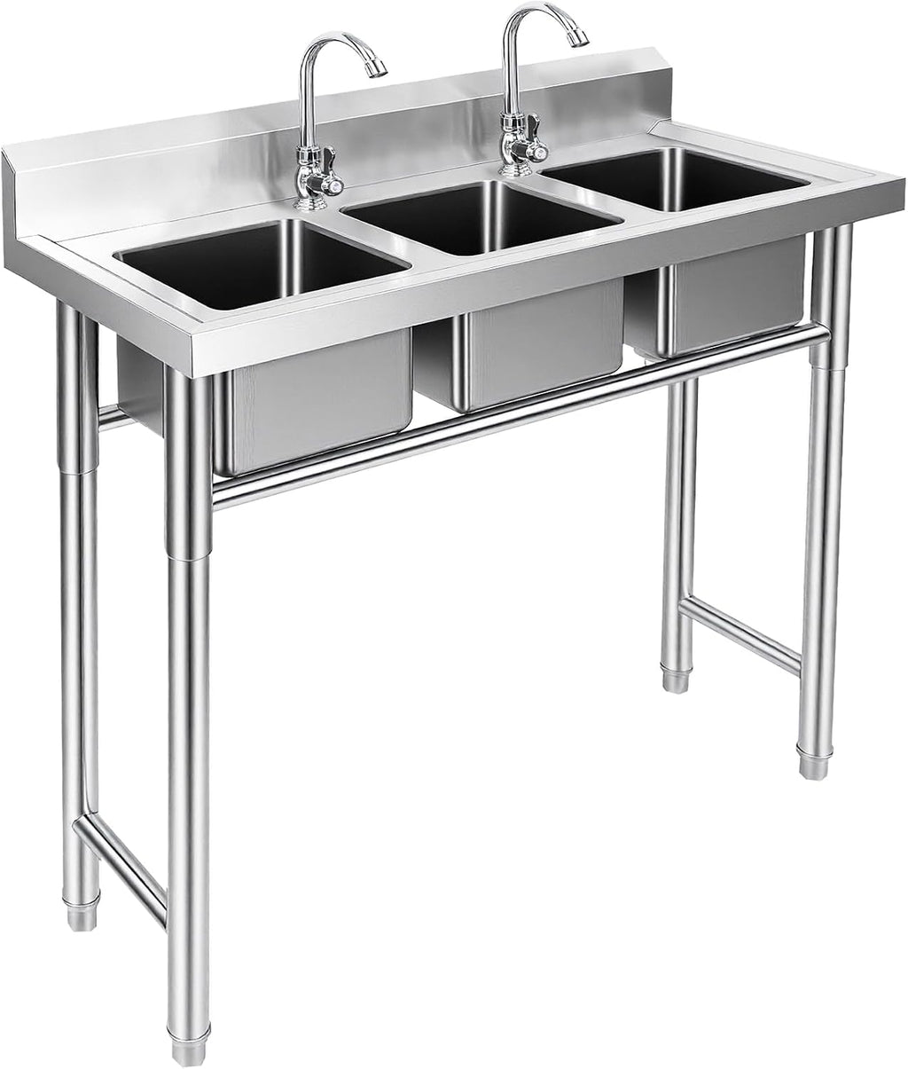 3 Compartment Stainless Steel Sink, 39'' × 18'' × 36'' Commercial Utility Sink, Free Standing Three Bowl Kitchen Sink Set with 2 Faucets Hot & Cold Water Pipes for Food Truck, Bar, Restaurant