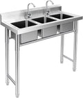 3 Compartment Stainless Steel Sink, 39'' × 18'' × 36'' Commercial Utility Sink, Free Standing Three Bowl Kitchen Sink Set with 2 Faucets Hot & Cold Water Pipes for Food Truck, Bar, Restaurant