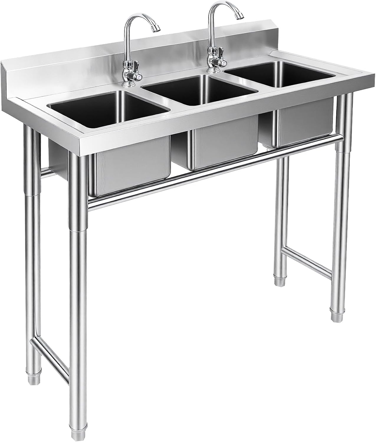 3 Compartment Stainless Steel Sink, 39'' × 18'' × 36'' Commercial Utility Sink, Free Standing Three Bowl Kitchen Sink Set with 2 Faucets Hot & Cold Water Pipes for Food Truck, Bar, Restaurant