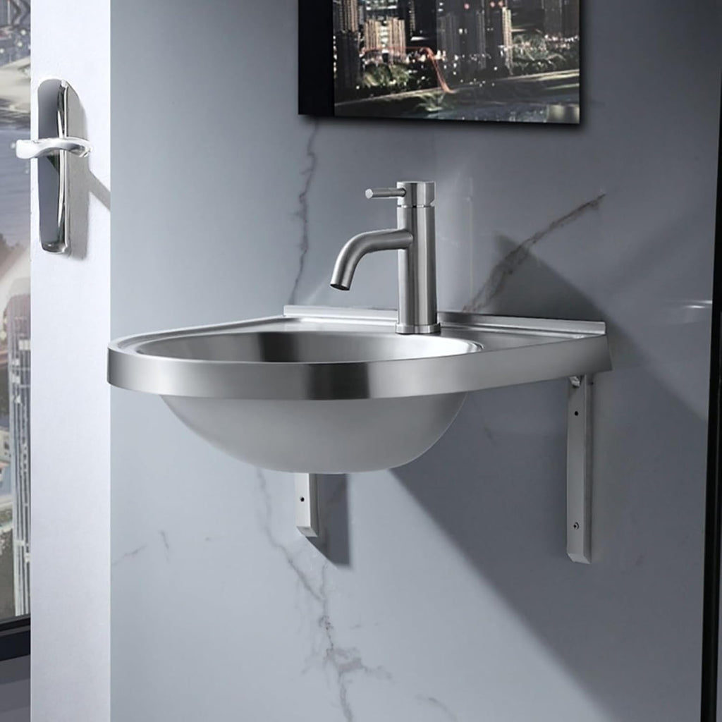 Wall Mounted Commercial Restaurant Sink, Stainless Steel Hand Basin with Faucet and Drain, Single Bowl Kitchen Sinks, for Commercial Restaurant Home Kitchen Workshop,Hot and cold water faucet-1