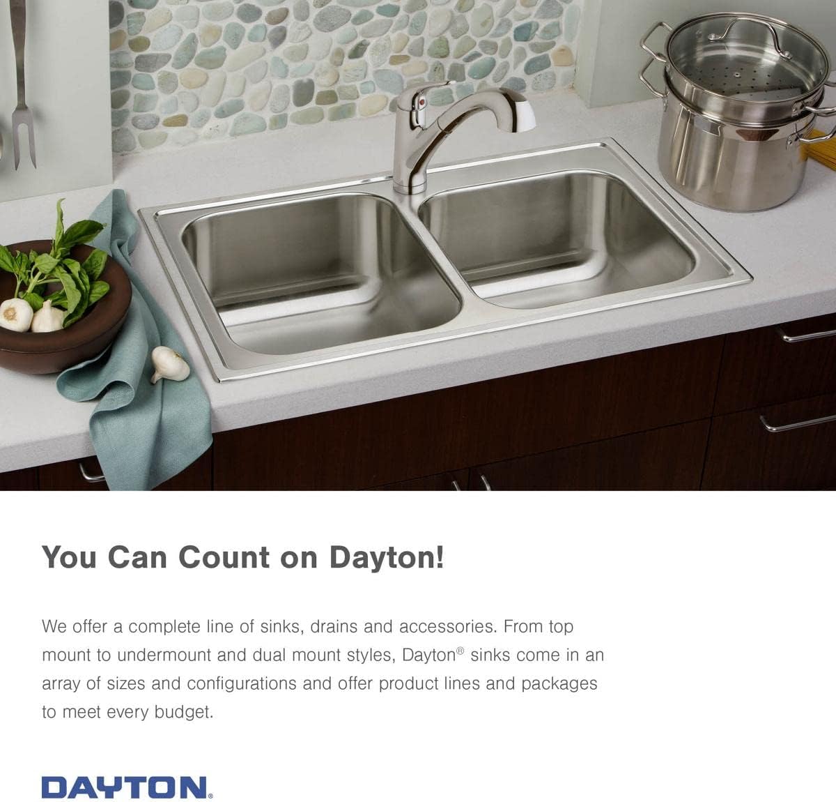 Elkay DXR250R3 18 Gauge Stainless Steel Double Bowl Top Mount Kitchen Sink, 33 x 22 x 8'