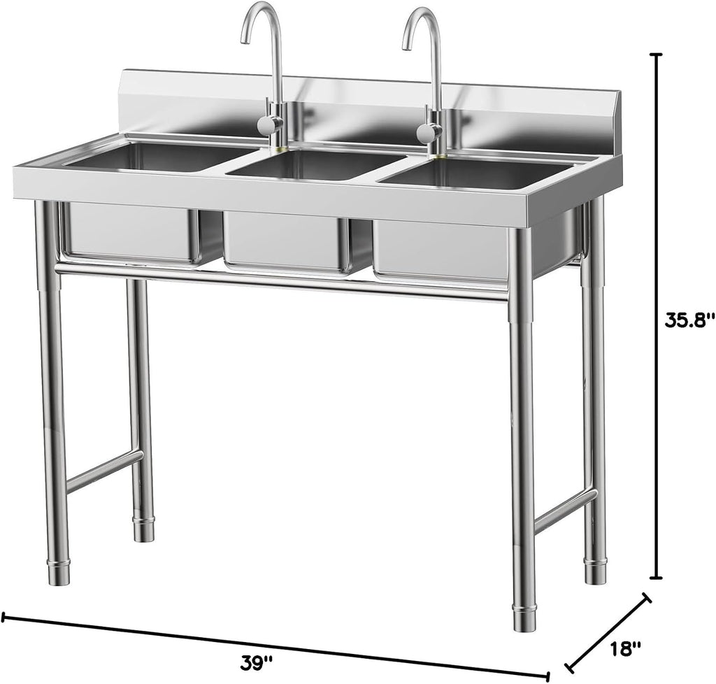3 Compartment Sink, Stainless Steel Freestanding Triple Bowl Utility Sink Commercial Utility Basin Work Station Sinks Kitchen Sinks w/Strainer, Water Pipe for Garage Kitchen Laundry Room, 39x18x35.8in