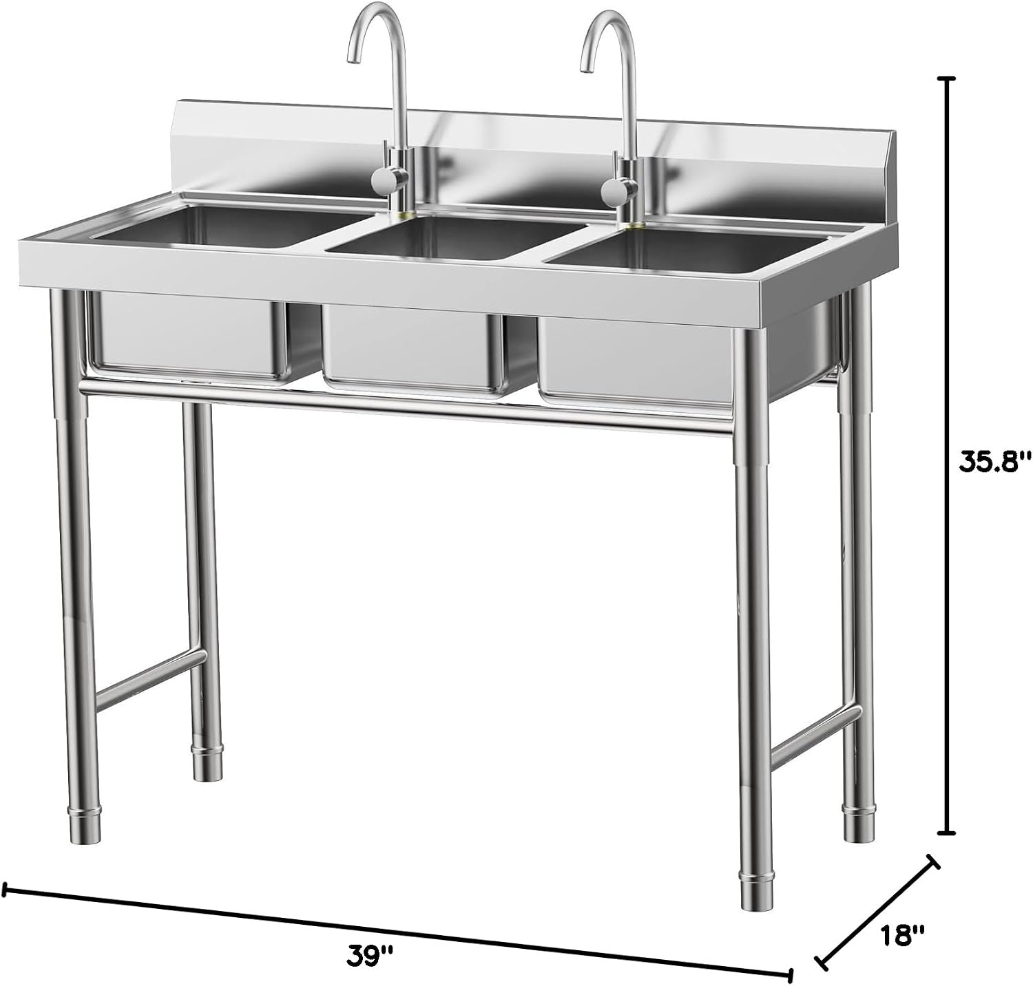 3 Compartment Sink, Stainless Steel Freestanding Triple Bowl Utility Sink Commercial Utility Basin Work Station Sinks Kitchen Sinks w/Strainer, Water Pipe for Garage Kitchen Laundry Room, 39x18x35.8in