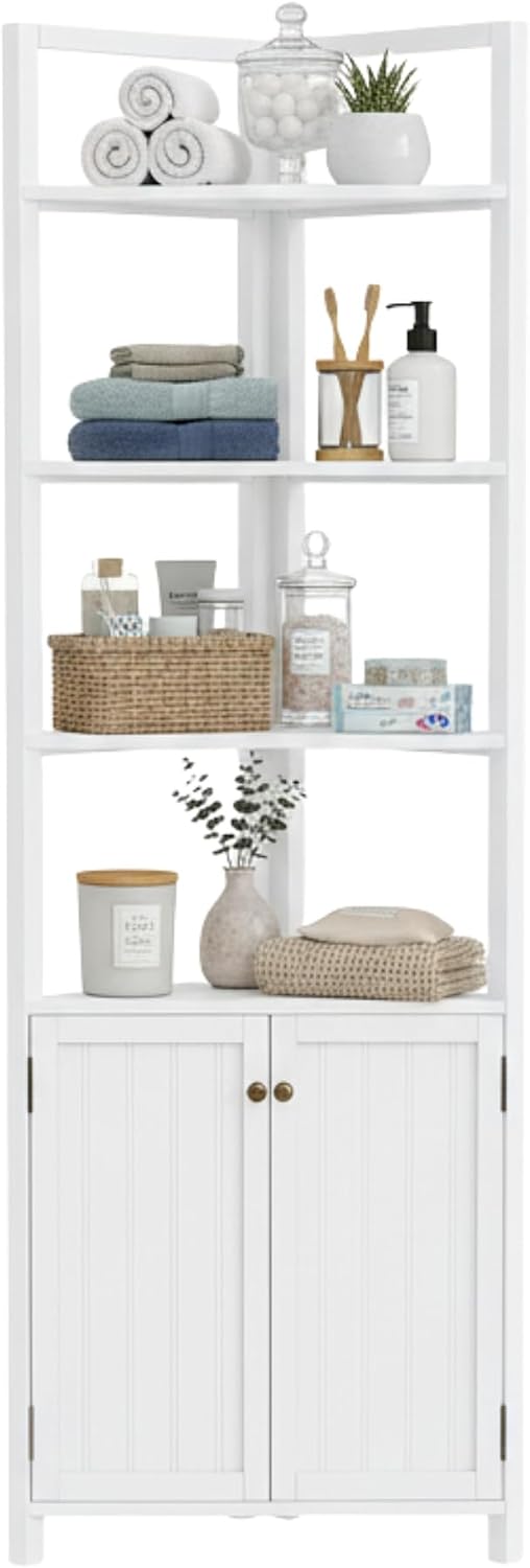Alaterre Furniture Dover Corner Bathroom Storage Cabinet – 25' x 68' Tall Freestanding Corner Cabinet with 2 Doors, Open Shelves, Adjustable Inside Shelving, and Space-Saving Design (White)