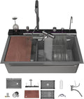 Double Waterfall Kitchen Sink 33 x 22 in 9 Gauge Stainless Steel Smart Digital Display Modern Single Bowl Workstation Sink with Soap Dispenser