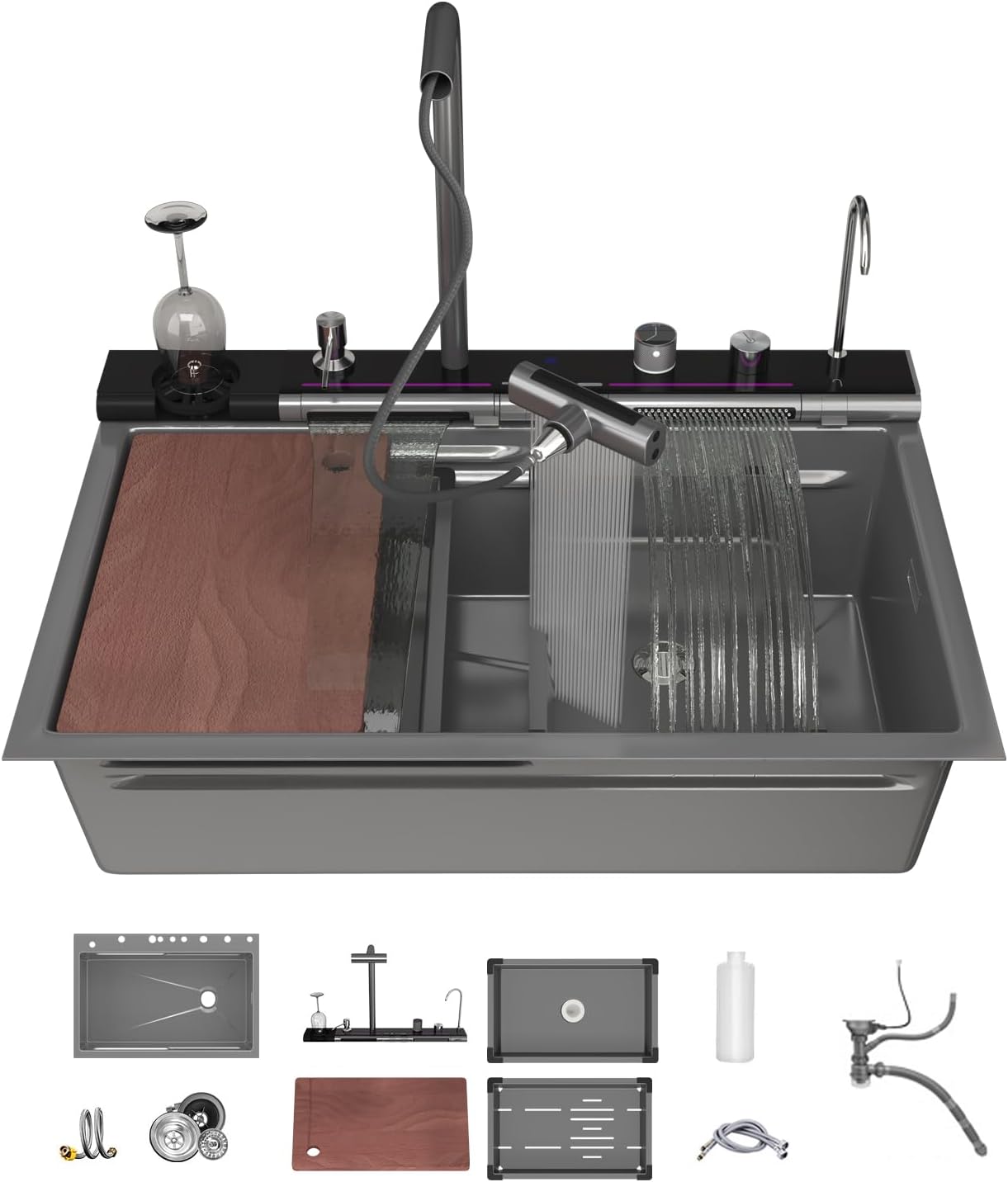 Double Waterfall Kitchen Sink 33 x 22 in 9 Gauge Stainless Steel Smart Digital Display Modern Single Bowl Workstation Sink with Soap Dispenser