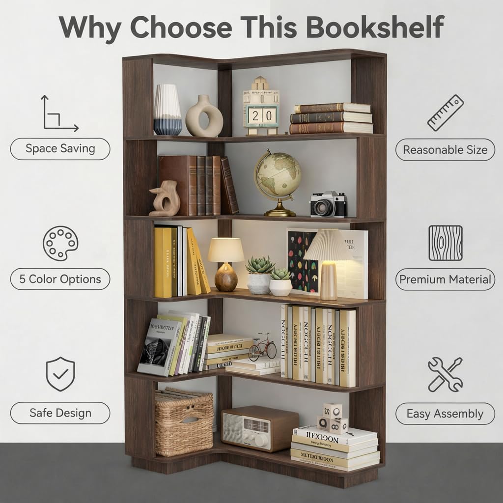 6 Tier Corner Bookshelf, Freestanding L-Shaped Wooden Bookcase with Open Shelves, Anti-Fall Panels and Anti-Tipping Device for Living Room, Home Office (Dark Brown with Right Extension)