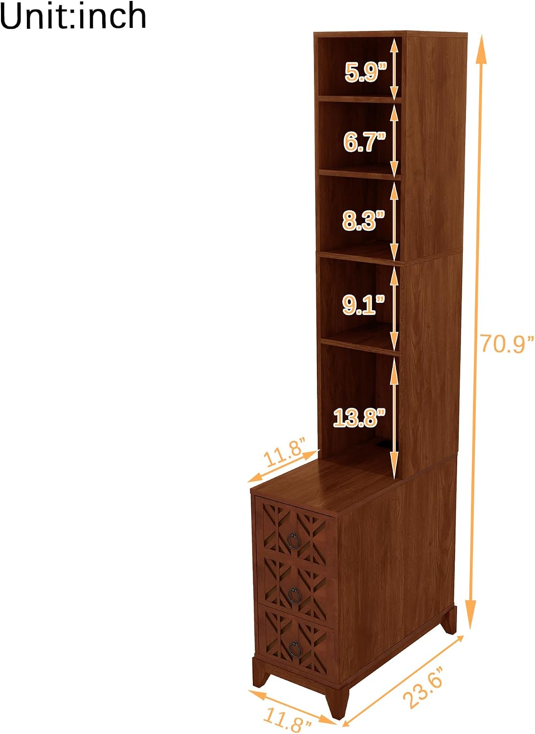End Table with 3 Drawers & 4 Adjustable Shelves,Corner Table with USB & AC Charge Station,X-Shaped Carved Front,Solid Wood Frame,Tall Narrow Side Tables for Bedroom,Living Room,Small Space,Natural