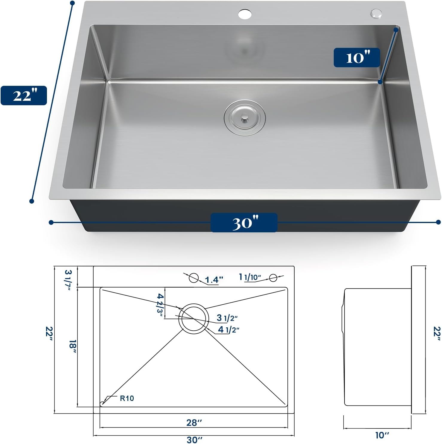 30 x 22 Drop-In Workstation Kitchen Sink – 16 Gauge Stainless Steel Topmount Sink, 10' Deep Single Bowl & 5 Accessories