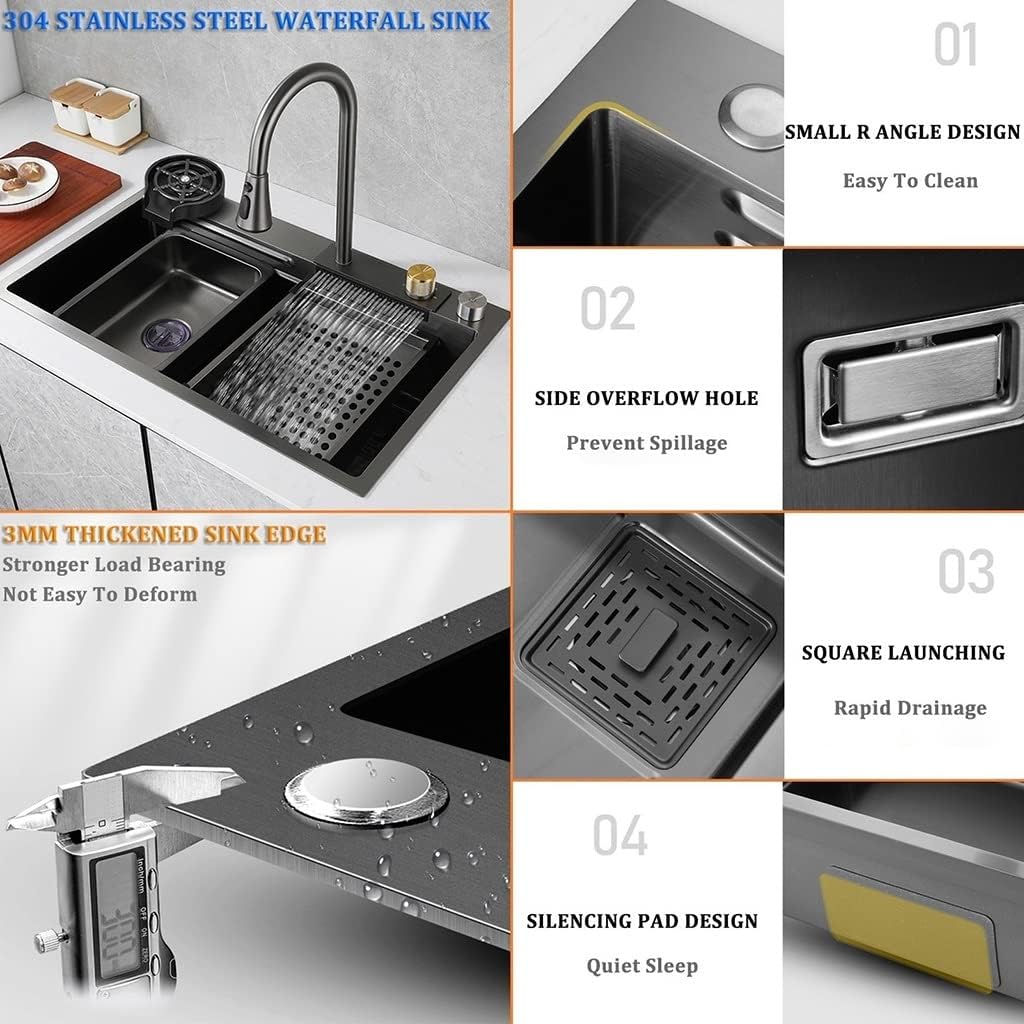 Stainless Steel Single-Bowl Kitchen Workstation Sink Versatile Bar Kitchen Sink Waterfall Pull-Down Faucet and Complete Accessory (Color : Black, Size : 75x45x22cm) (Black 68x45x22cm)