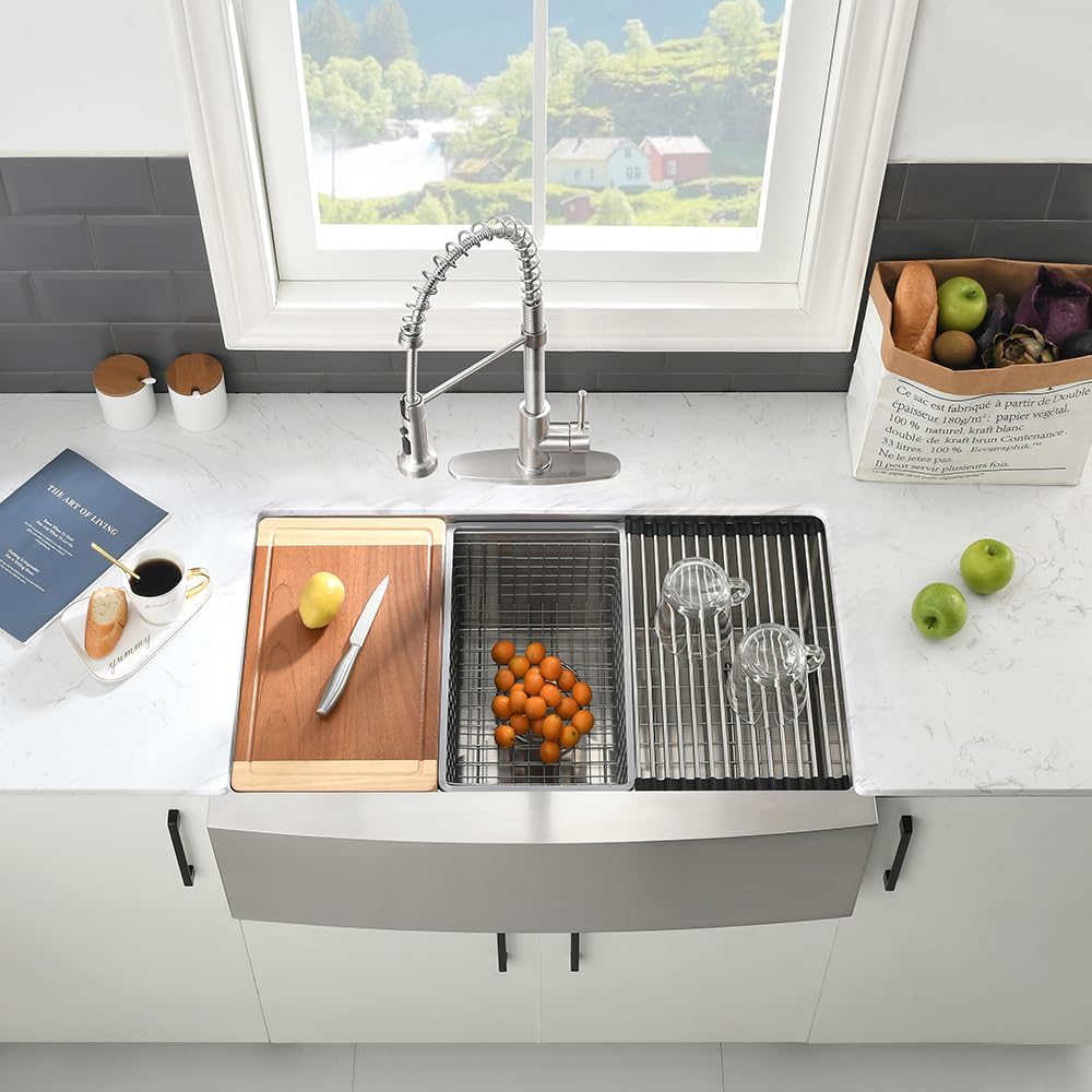 33 Inch Stainless Steel Farmhouse Sink-VASOYO 33 x 22 Farm Sink Apron Front Farmhouse Kitchen Sinks Workstation 16 Gauge 304 Stainless Steel Singe Bowl Deep Kitchen Sinks Farmer with Cutting Board