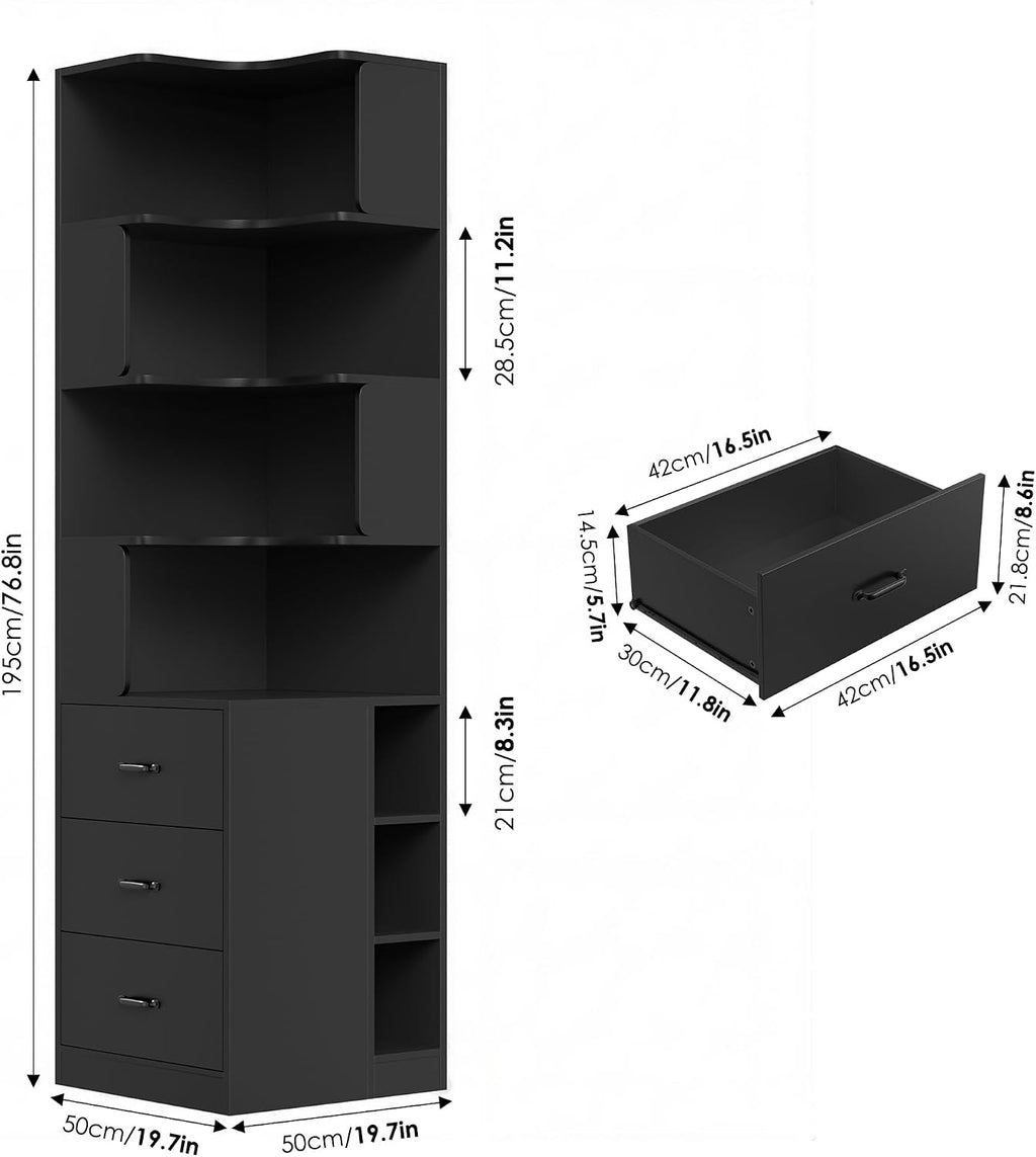 FACBOTALL 76.8' Corner Bookshelf with 3 Drawers and 3 Side Storage Cubbies, L Shaped Tall Bookshelf and Bookcase, 4 Tier Corner Bookcase, Wood Narrow Book Shelf for Living Room, Office, Black